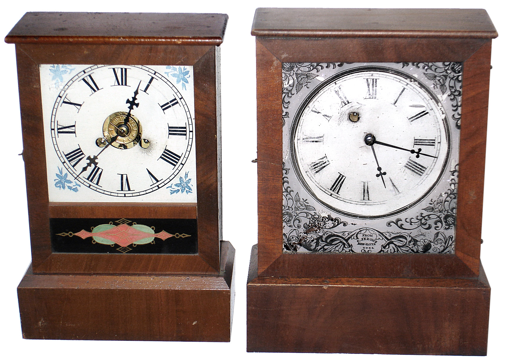 Clocks- 2 (Two) Jerome 30 hour wood cottage clocks: time piece with Jerome glass; time and alarm; c1850 — Antique Clocks Price Guide