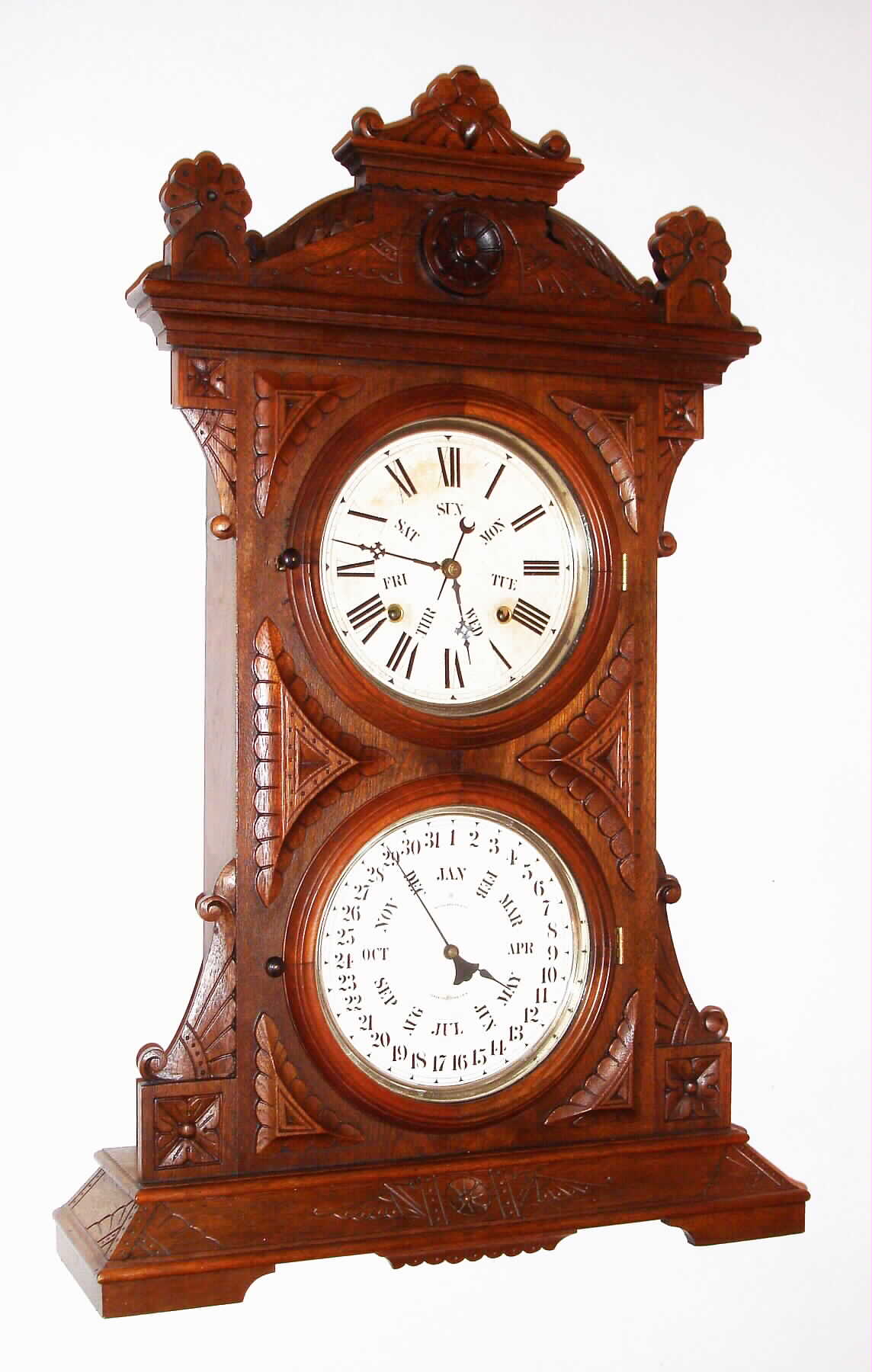 Welch, Spring and Co., "Audran, B.W.", 8 day, time and strike, double dial calendar clock, c1872. — Antique Clocks Price Guide
