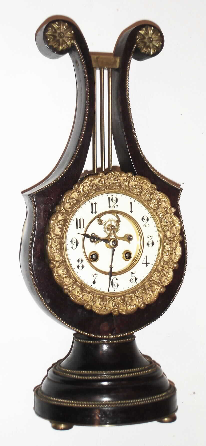French, Marti and Cie, 8 day, time and strike, silk thread suspension lyre form mantel clock, c1850. — Antique Clocks Price Guide