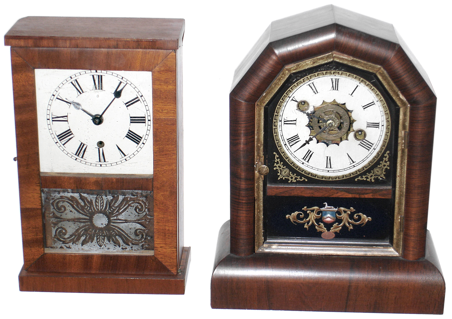 Clocks- 2 (Two) Connecticut small 30 hour cottage time pieces: S.B. Terry mahogany; Wm. L. Gilbert rosewood octagon top with alarm; c1870 — Antique Clocks Price Guide