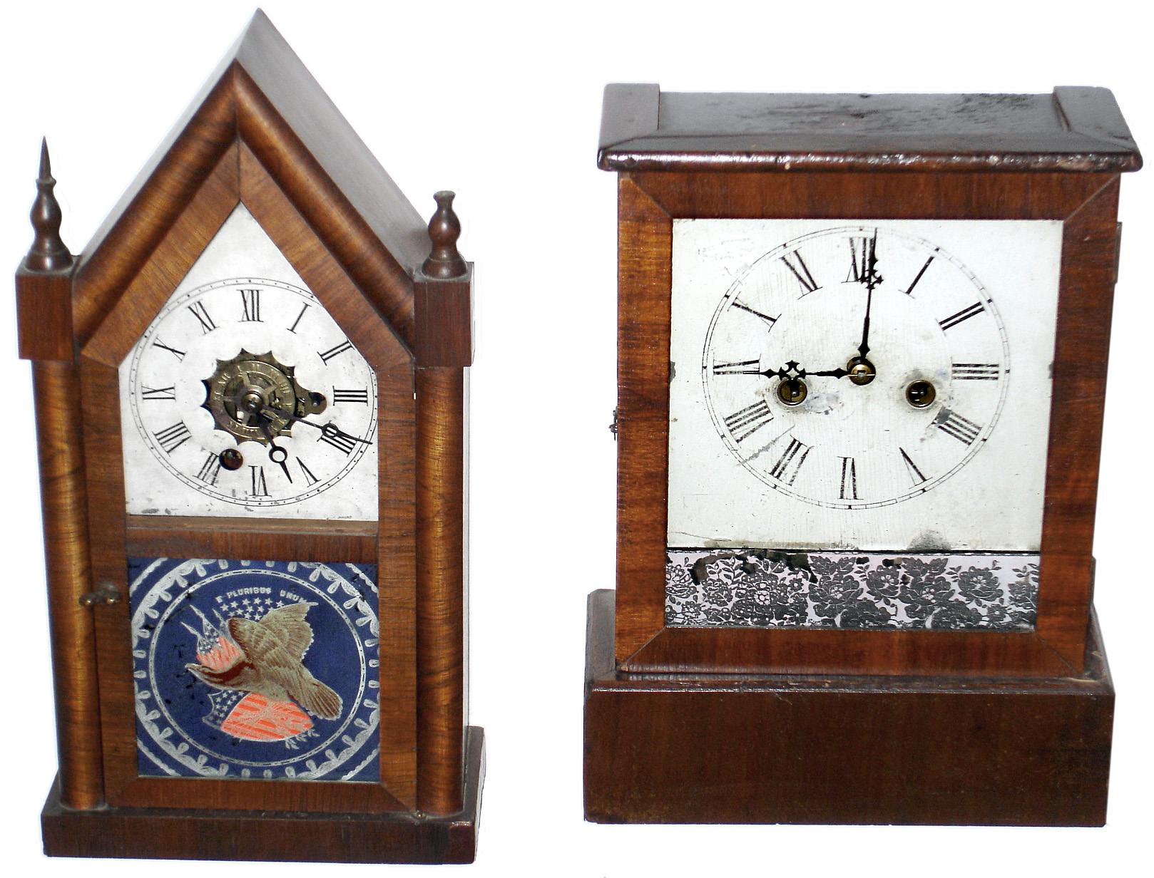 Clocks- 2 (Two) E.N. Welch, Forestville, Conn. small 30 hour mahogany shelf clocks: time and alarm steeple; time and strike cottage; c1869 — Antique Clocks Price Guide