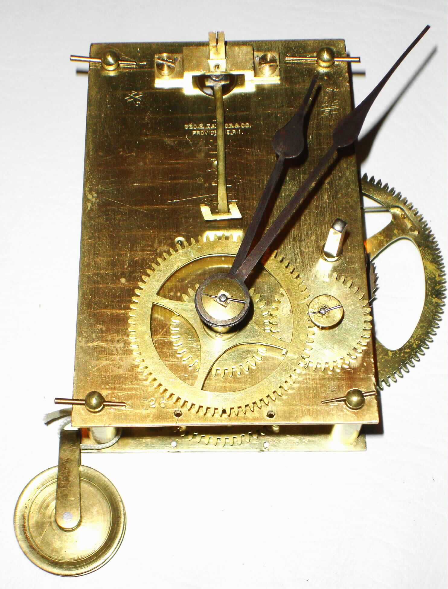 Geo. H. Taylor, Providence, R.I. 8 day banjo time piece movement, weight, hands and pendulum, c1885 — Antique Clocks Price Guide