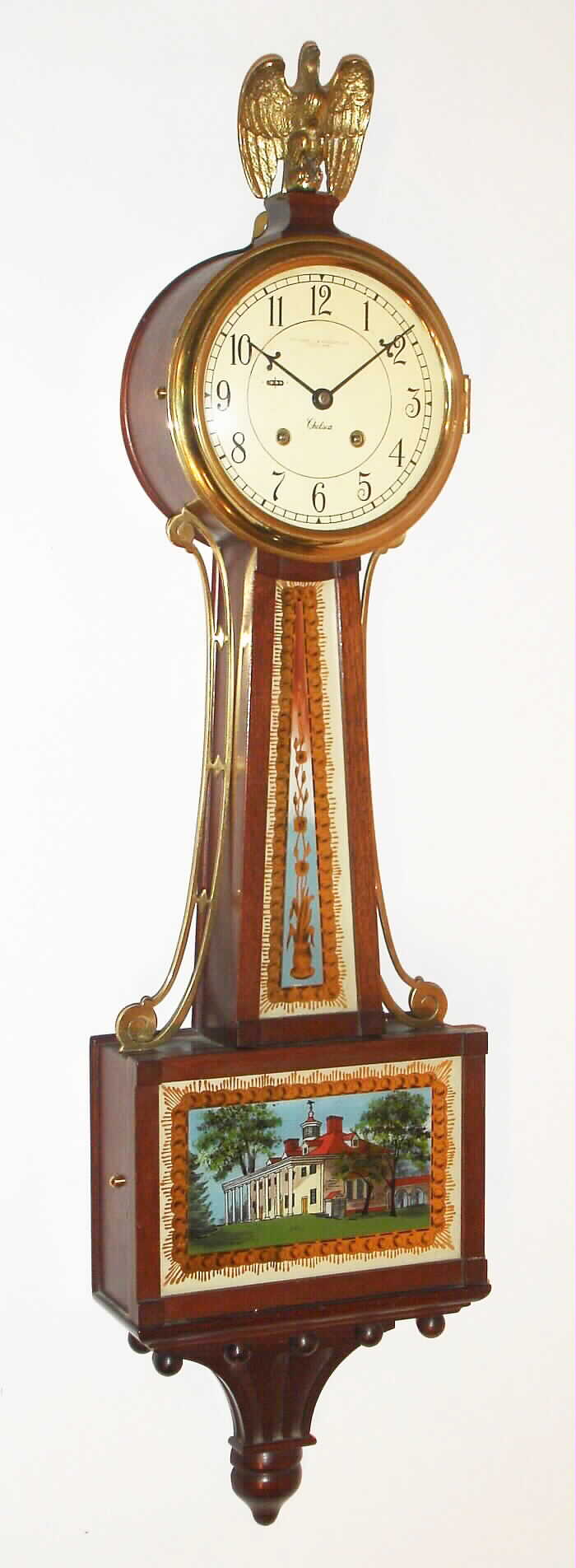 Chelsea Clock Co., Boston, Mass., 8 day, time/house strike 3/4 size mahogany banjo retailed by The Cornell and Hubbard Co., Serial no. 669325, c1962. — Antique Clocks Price Guide
