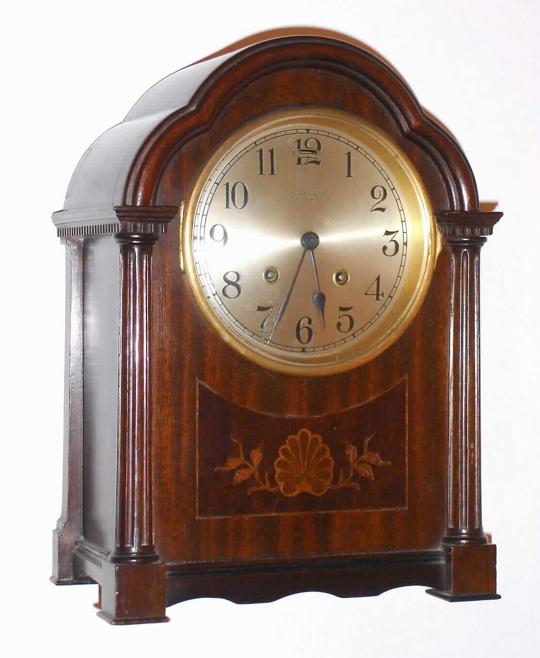 Chelsea Clock Co., Boston, Mass., 8 day, time and strike, mantel clock. Serial No. 134290 on the movement and case.  This looks to be a variant of a case named the "Federal", c1919. — Antique Clocks Price Guide