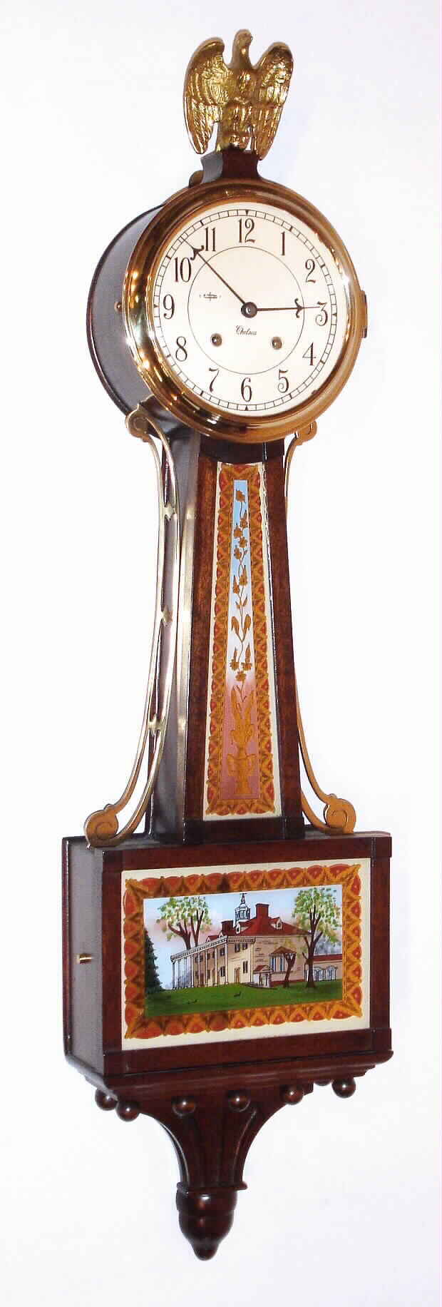 Chelsea Clock Co., Boston, Mass., 8 day, time/house strike 3/4 size banjo or patent time piece. Serial no. 744708, c1971. — Antique Clocks Price Guide