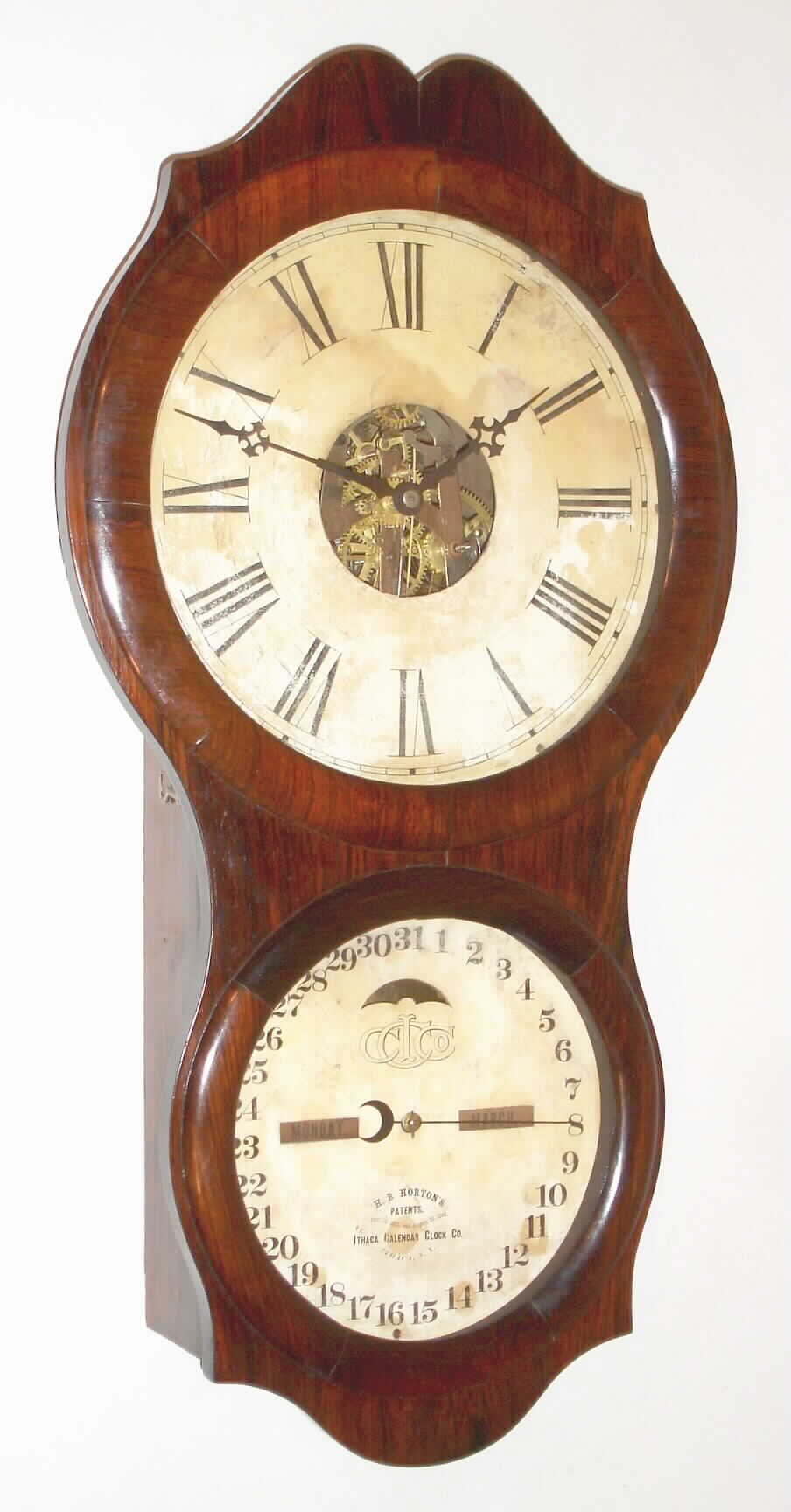 Ithaca Calendar Clock Co., Ithaca, NY, "No. 4 Hanging Office", Thirty day double dial calendar wall time piece, c1880 — Antique Clocks Price Guide