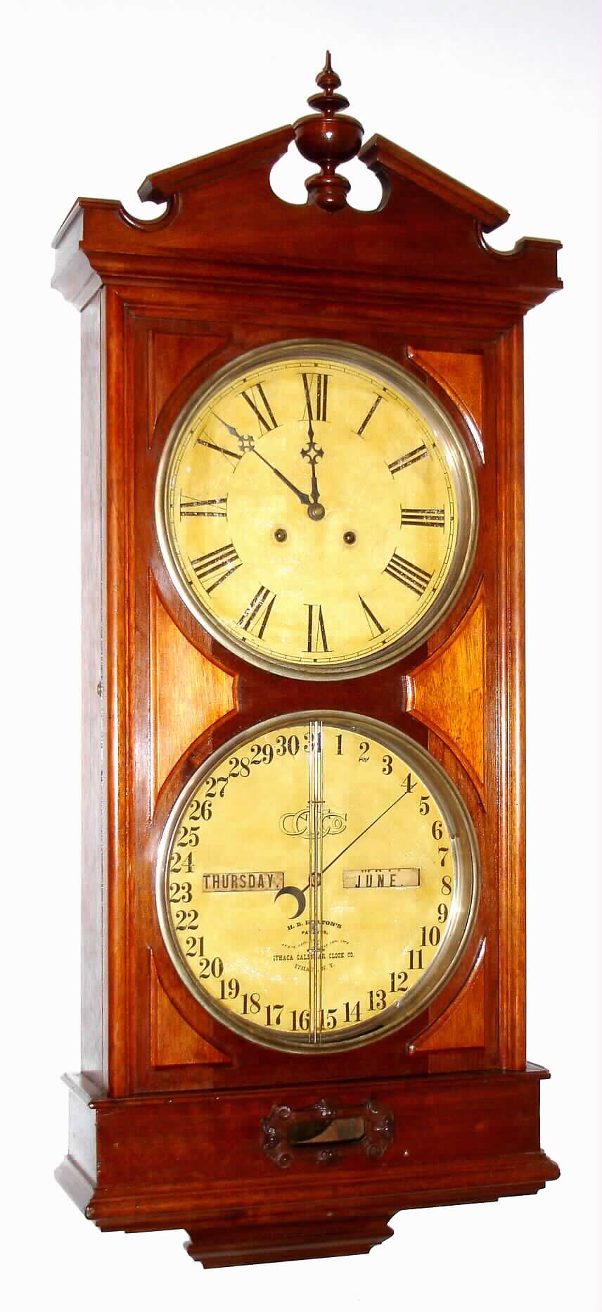 Ithaca Calendar Clock Co., Ithaca, NY, "No. 2 Regulator or Hanging Bank Clock", 8 day weight double wind double dial calendar time piece, c1874 — Antique Clocks Price Guide