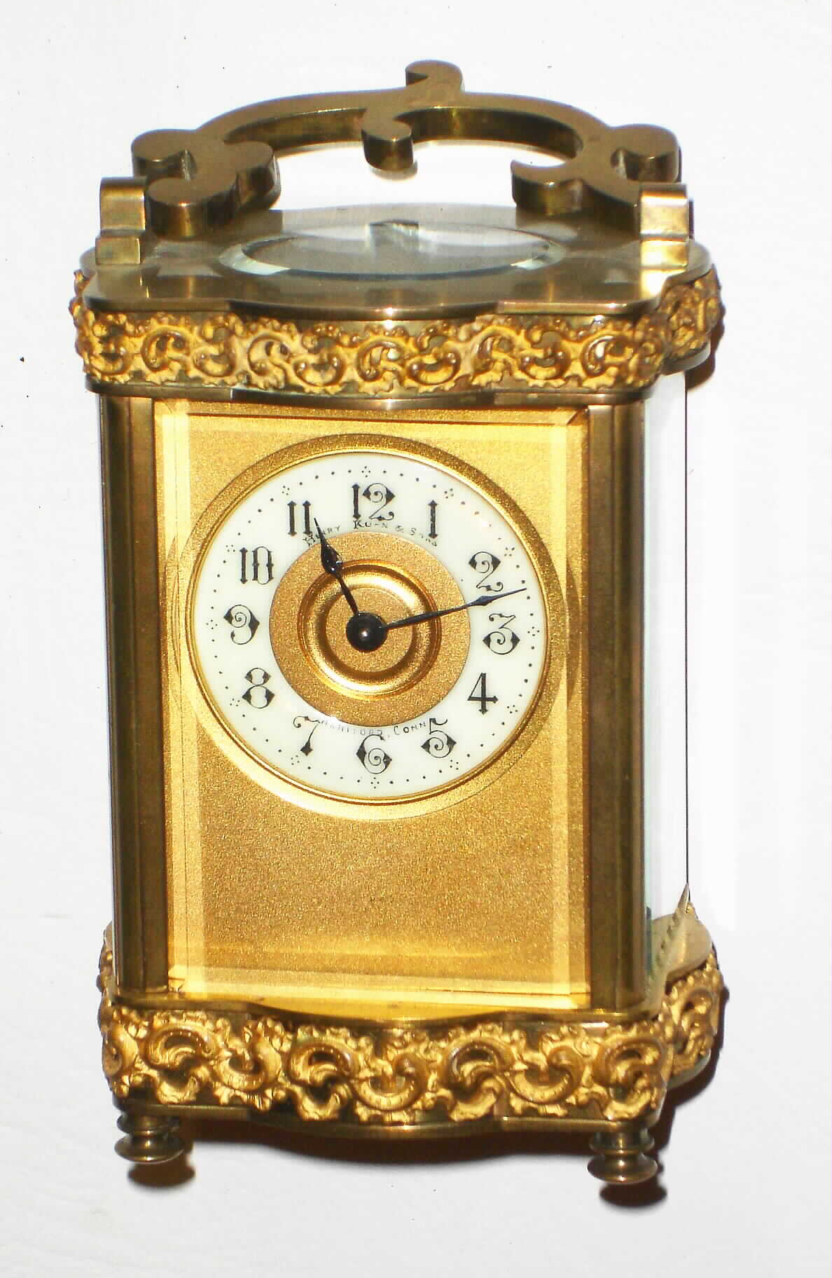 French private label for Henry Kohn and Sons, Hartford, Conn., 8 day carriage time piece, c1900 — Antique Clocks Price Guide