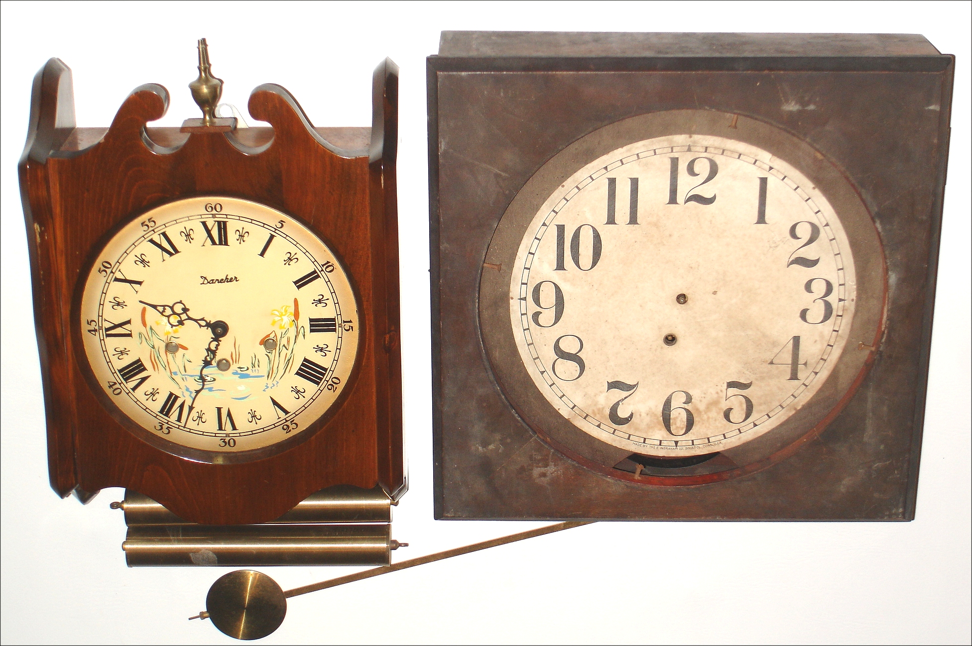 Clocks- 2 (Two) Connecticut wood 8 day wall clocks: Ingraham gallery and Daneker modern Westminster chime, 20th century — Antique Clocks Price Guide