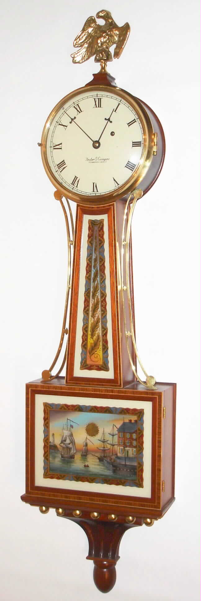 Foster Campos, Pembroke, Mass., 8 day banded and inlayed mahogany case banjo or Patent time piece with Moberg reverse painted tablets with signed dial, movement, case and weight. No. 31 made in 1999. — Antique Clocks Price Guide