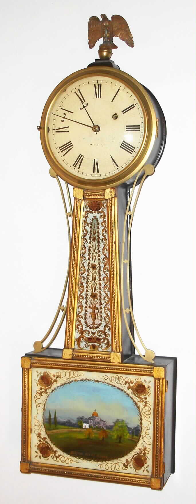 Massachusetts , 8 day, gilt banjo or Patent time piece, c1830 — Antique Clocks Price Guide