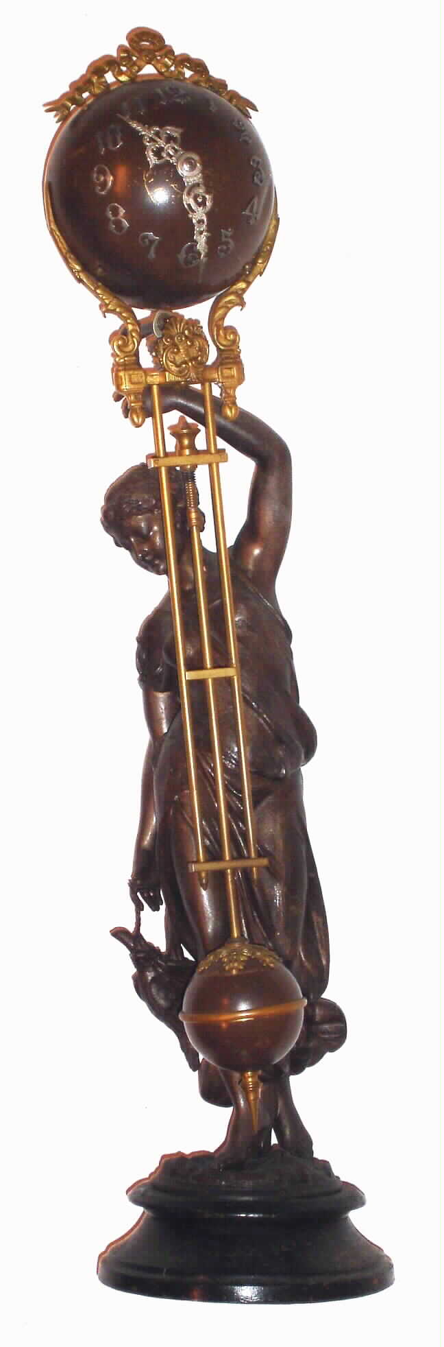 Ansonia Clock Co. "Huntress Ball Swing" bronze finish 8 day figural time piece, c1901 — Antique Clocks Price Guide