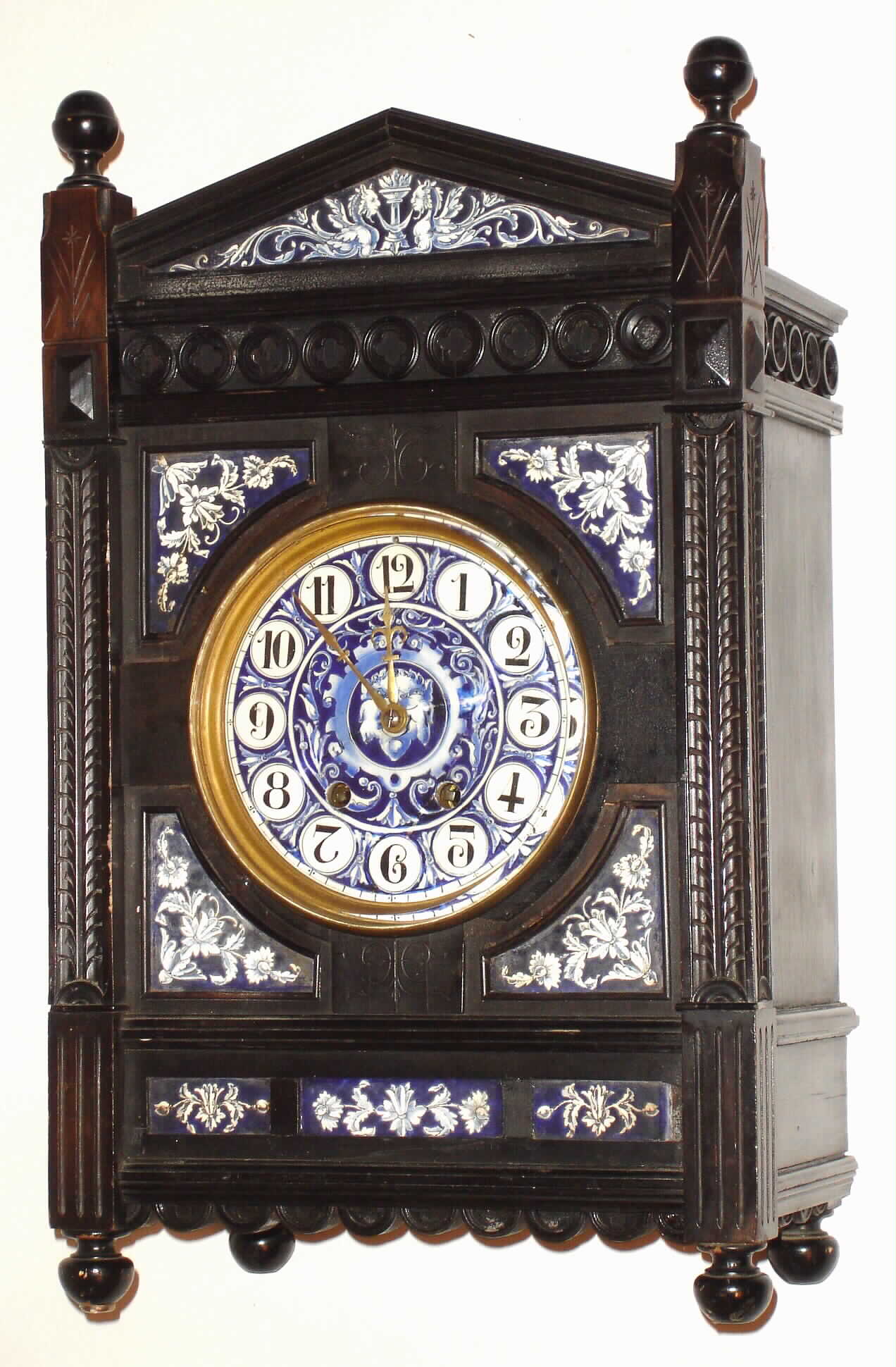 English ebonized wood and blue/white tile bracket clock with 8 day, time and strike French movement, c1880 — Antique Clocks Price Guide