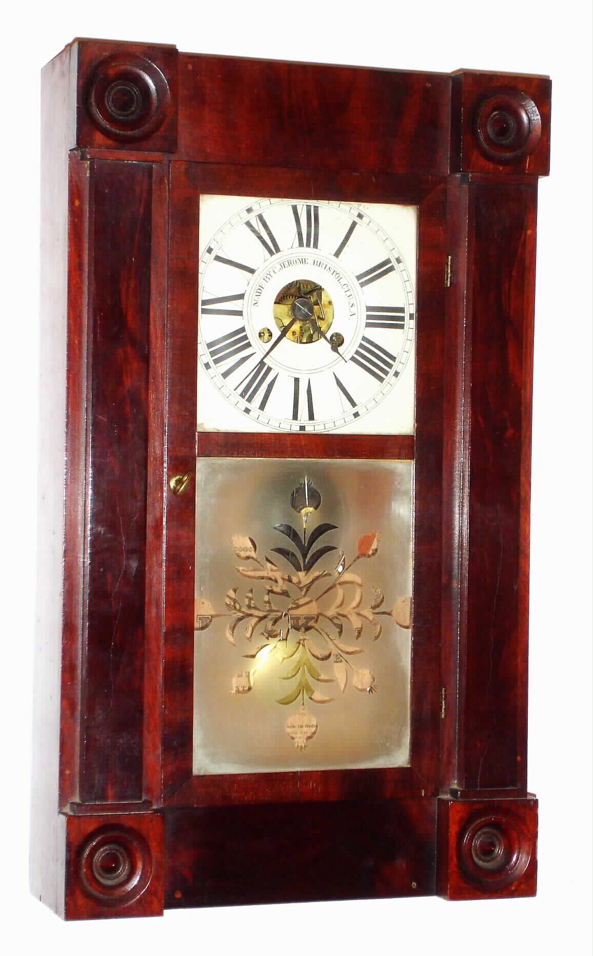 Chauncey Jerome, Bristol, Conn.,  uncommon Empire mahogany 30 hour time and strike weight driven shelf clock, c1845 — Antique Clocks Price Guide