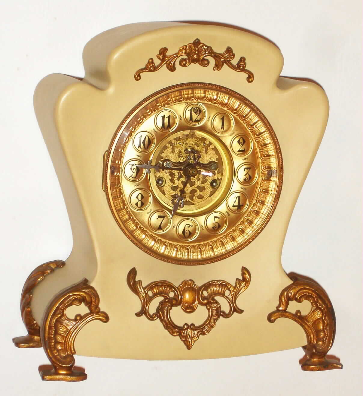 Waterbury Clock Co., Waterbury, Conn., "Whitlow" pearl enameled iron 8 day, time and strike mantel clock, c1893 — Antique Clocks Price Guide