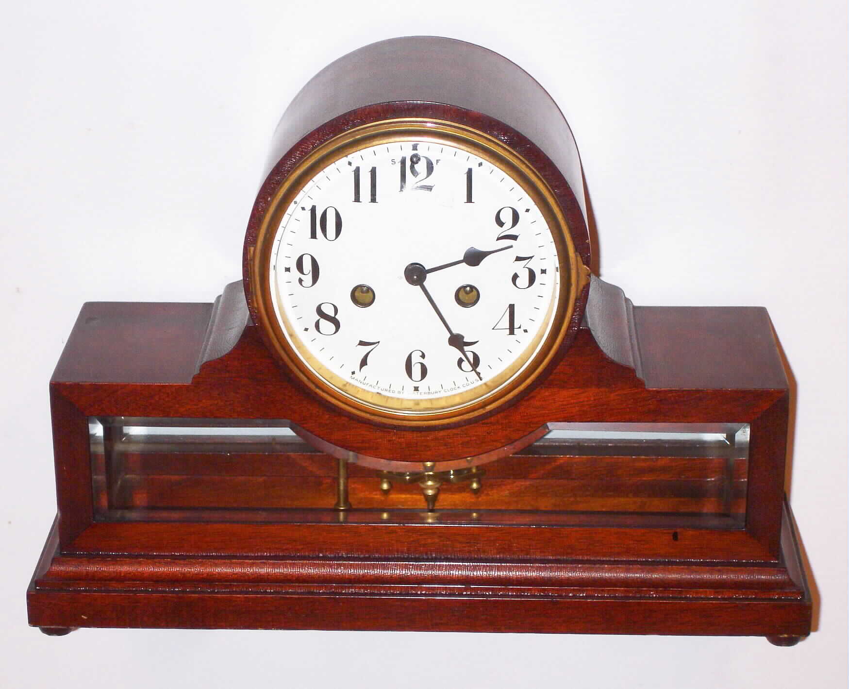 Waterbury Clock Co., Waterbury, Conn., "Jarnac" mahogany and beveled glass 8 day, time and strike mantel clock, c1900 — Antique Clocks Price Guide