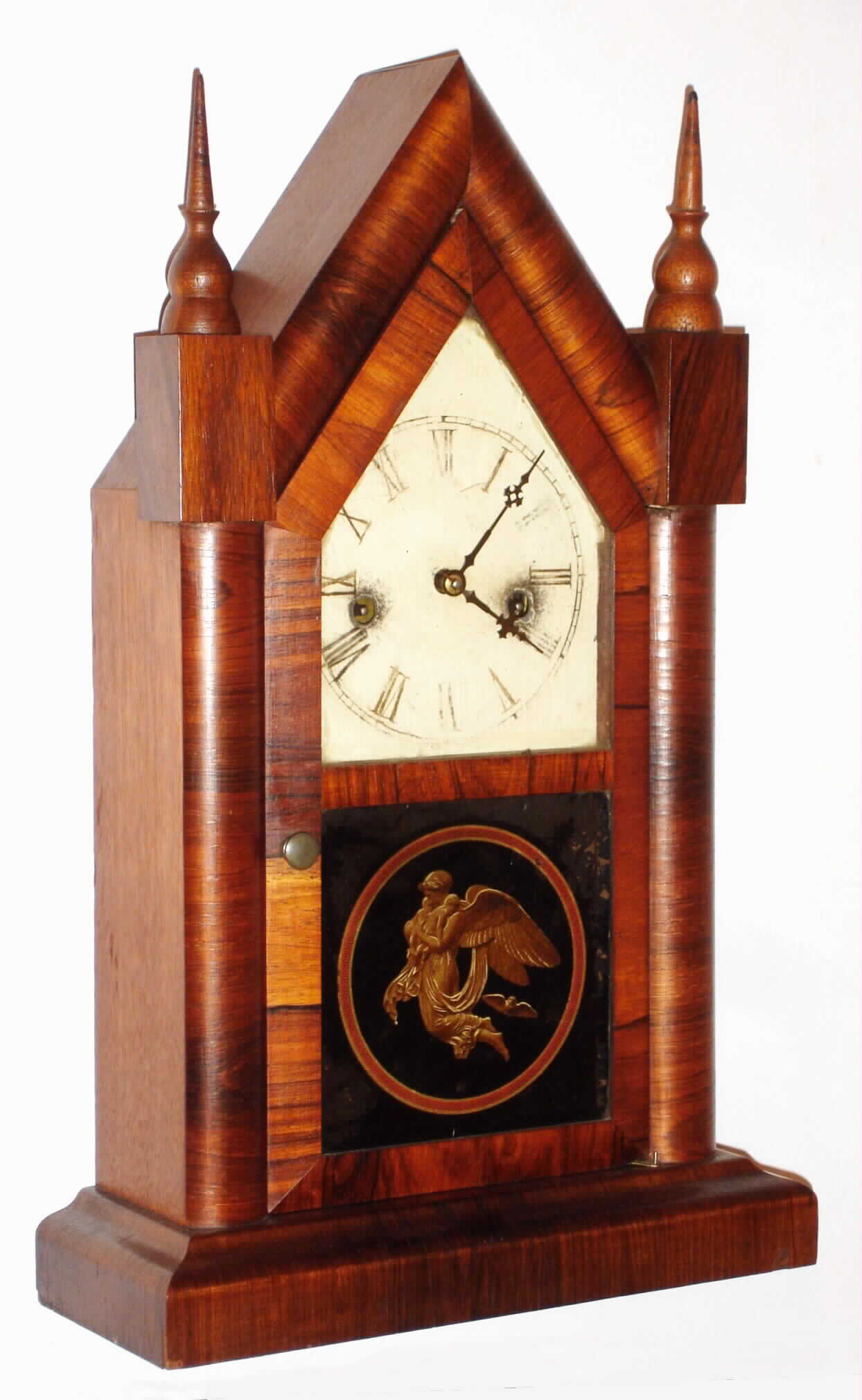 Waterbury Clock Co., Waterbury, Conn., "Sharp Gothic" mahogany 30 hour time and strike steeple clock, c1881 — Antique Clocks Price Guide