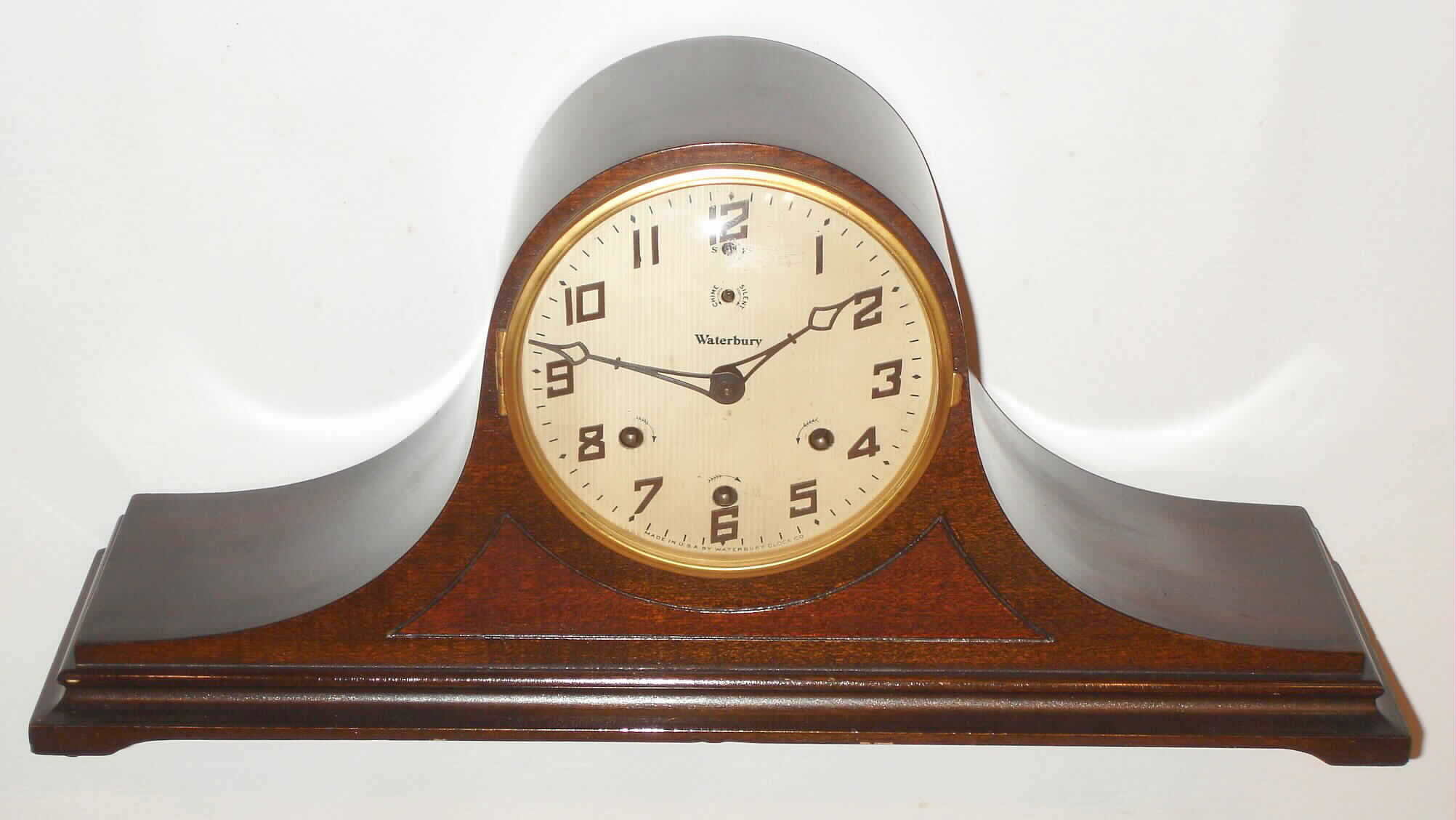 Waterbury Clock Co., Waterbury, Conn., "Chime No. 401" mahogany 8 day Westminster chime tambour mantel clock, c1927 — Antique Clocks Price Guide