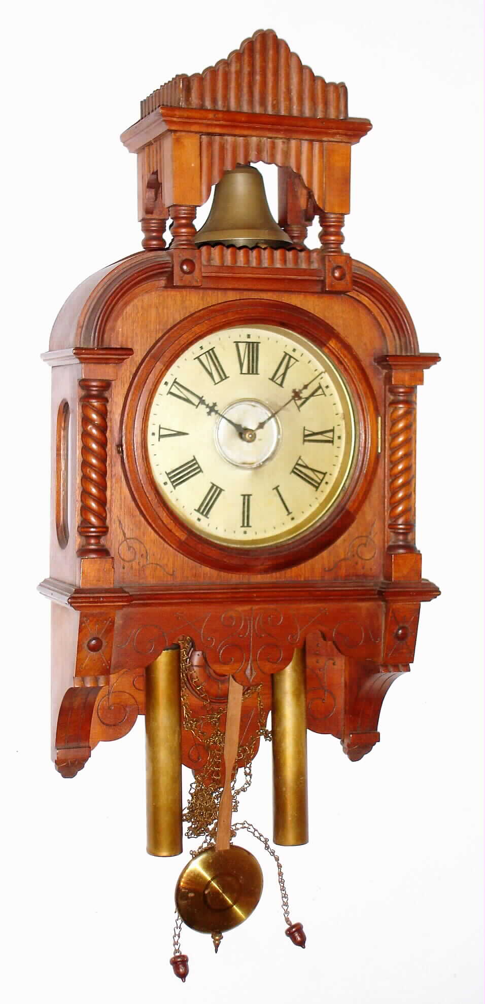 Waterbury Clock Co., Waterbury, Conn., "Study No. 10" cherry 8 day, time and strike weight driven wall clock, c1893 — Antique Clocks Price Guide