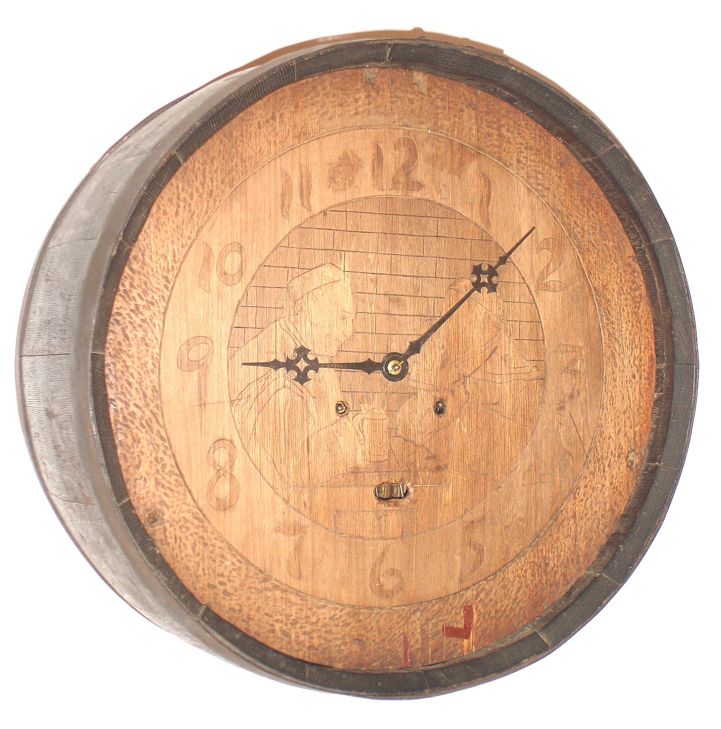 Barrel Clock, probably by C.A. Warner and Co., with Waterbury 8 day, time and strike movement, c1925 — Antique Clocks Price Guide