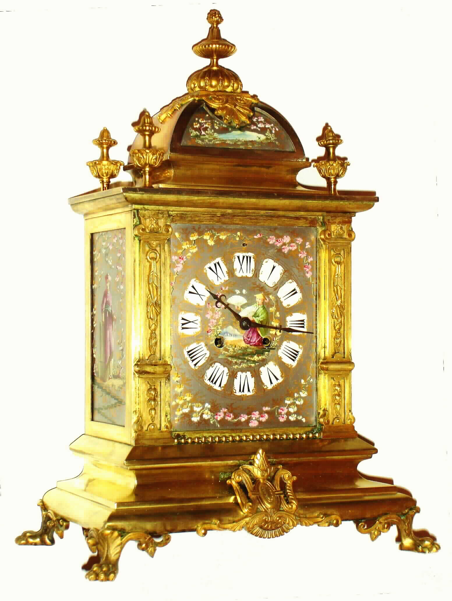 French cast brass and bronze 8 day, time and strike mantel clock, with Sevres porcelain panels, c1880 — Antique Clocks Price Guide