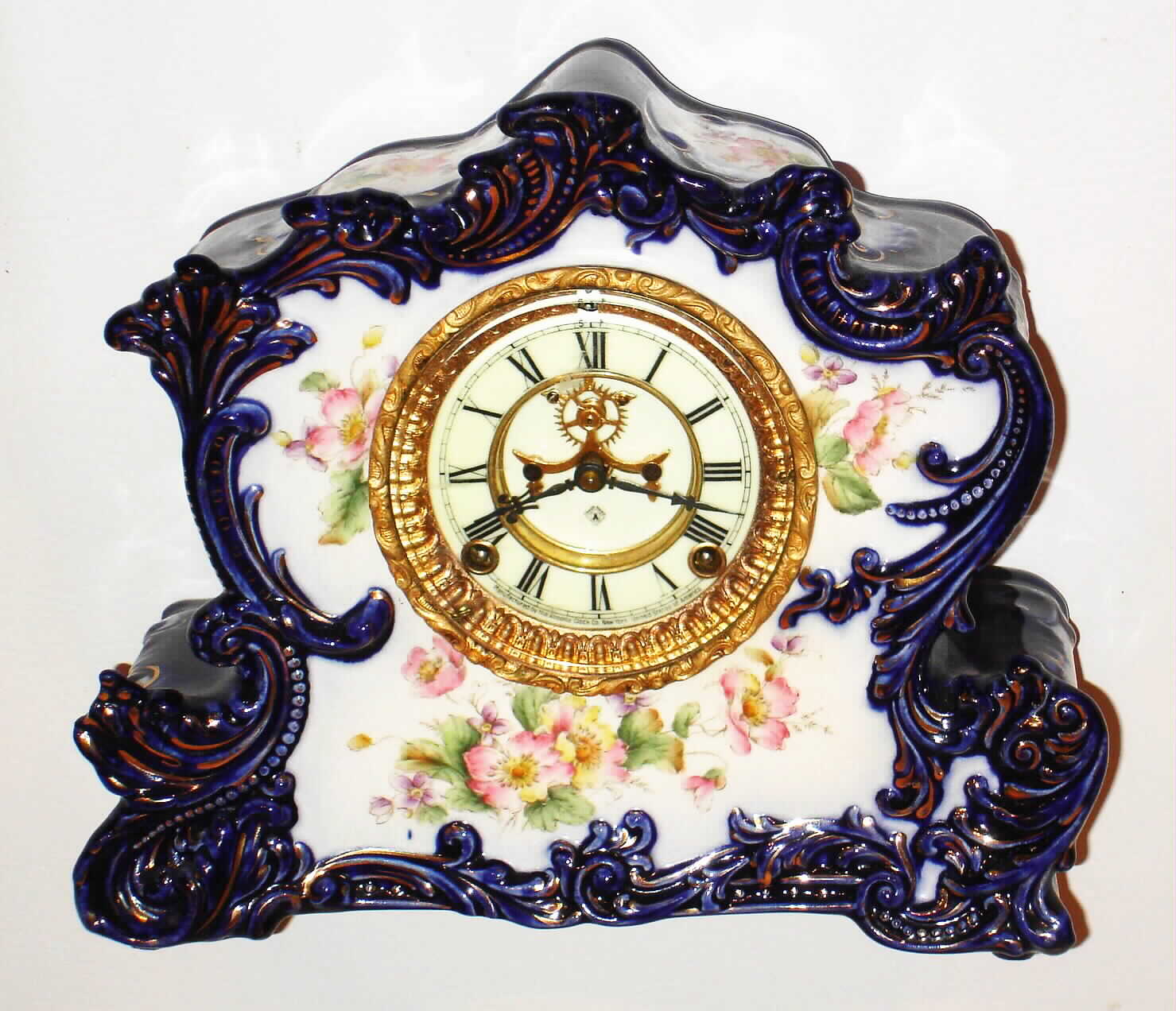 Ansonia Clock Co., New York, "Referee" 8 day, time and strike porcelain mantel clock, c1901 — Antique Clocks Price Guide