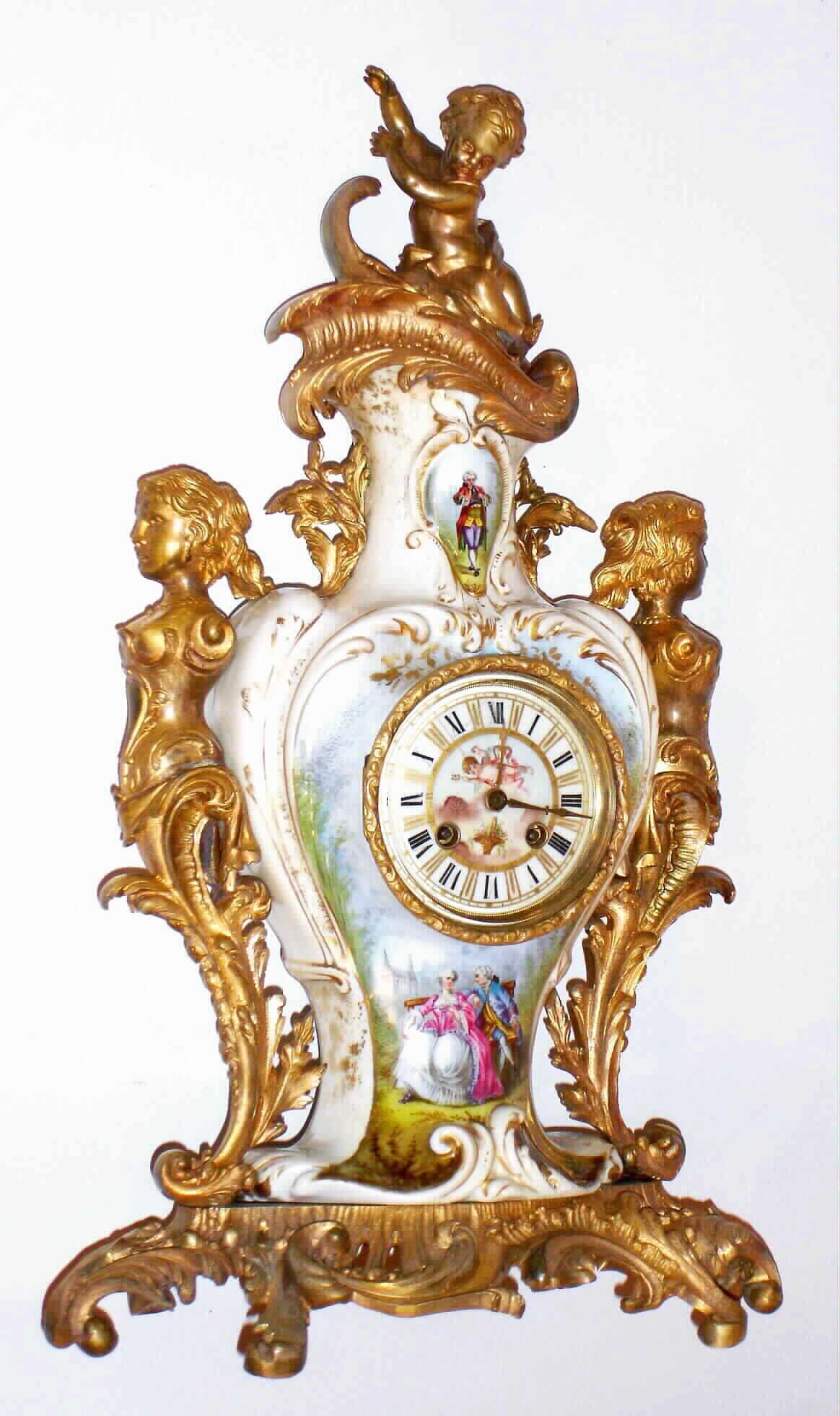 French Sevres porcelain and bronze 8 day, time and strike figural mantel clock, — Antique Clocks Price Guide