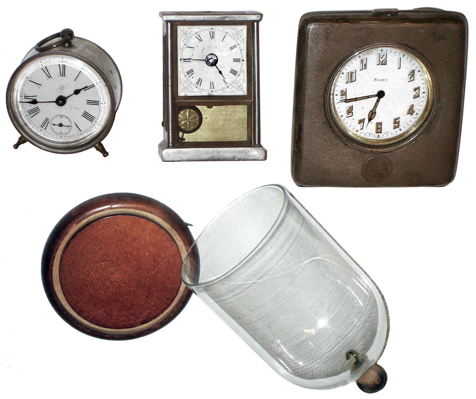 Clocks- 3 (Three) small metal case time pieces: Yale pendulette, Ansonia "Spark", Swiss silver travel — Antique Clocks Price Guide