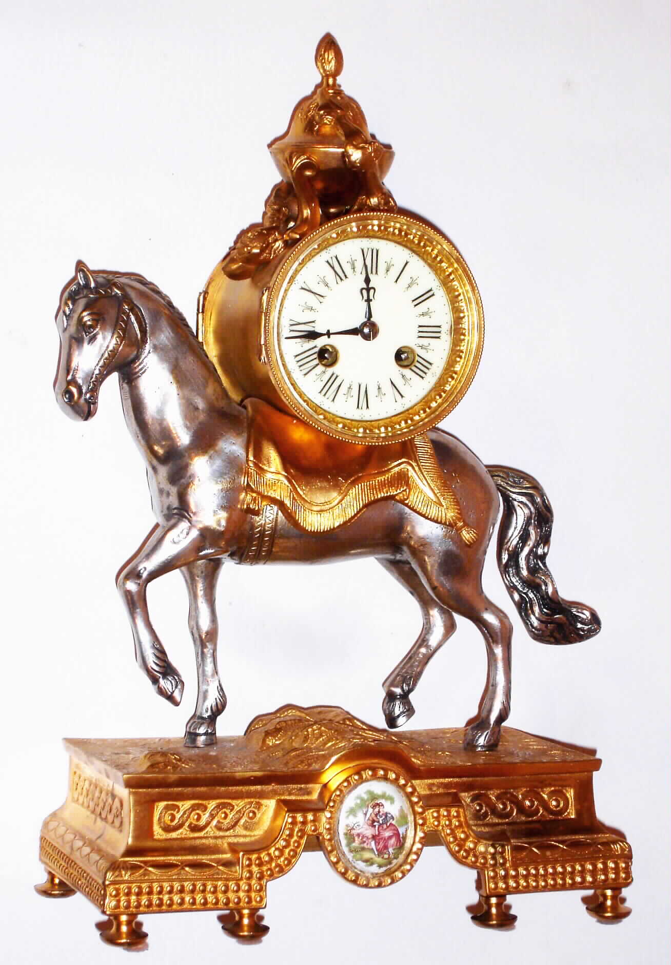 French gilt bronze and silver equestrian figural 8 day, time and strike mantel clock, c1890 — Antique Clocks Price Guide