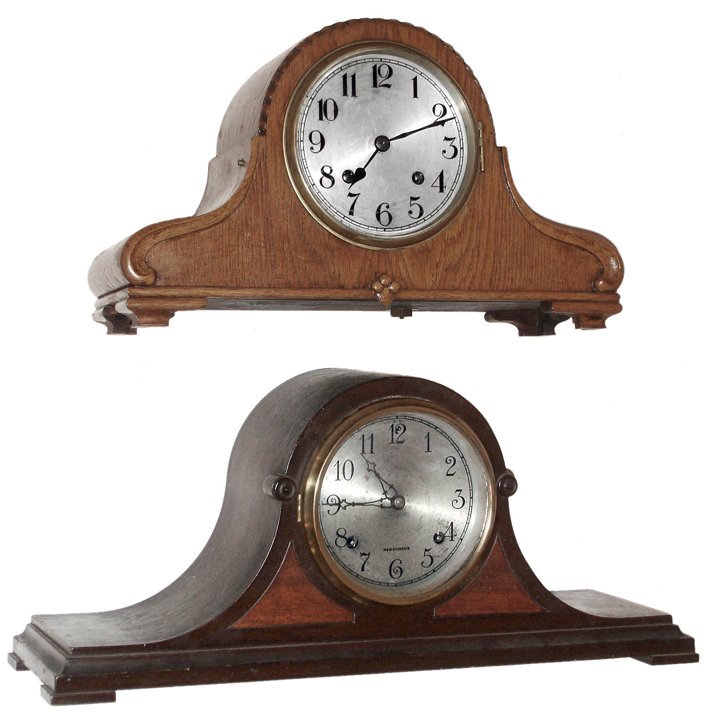 Clocks- 2 (Two) wood case 8 day, time and strike tambour mantel clocks: Herschede and W&H; early 20th century — Antique Clocks Price Guide