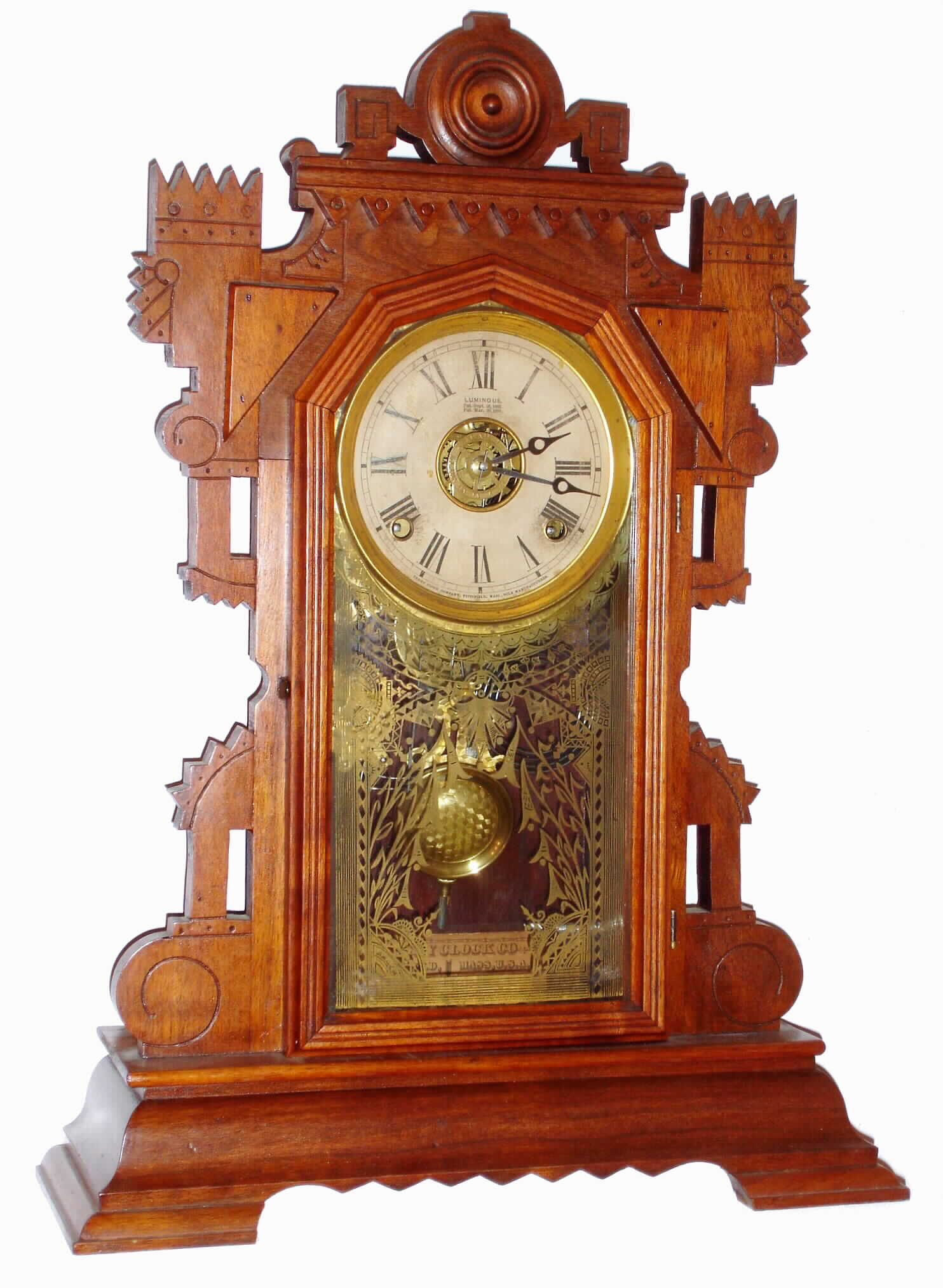 Terry Clock Co., Pittsfield, Mass. "Highland" walnut 8 day, time, strike and alarm parlor clock, c1885 — Antique Clocks Price Guide
