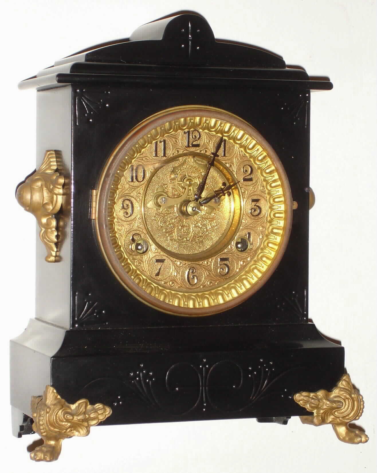 Waterbury Clock Co., Waterbury, Conn., "Canton" enameled iron 8 day, time and strike mantel clock, c1893 — Antique Clocks Price Guide