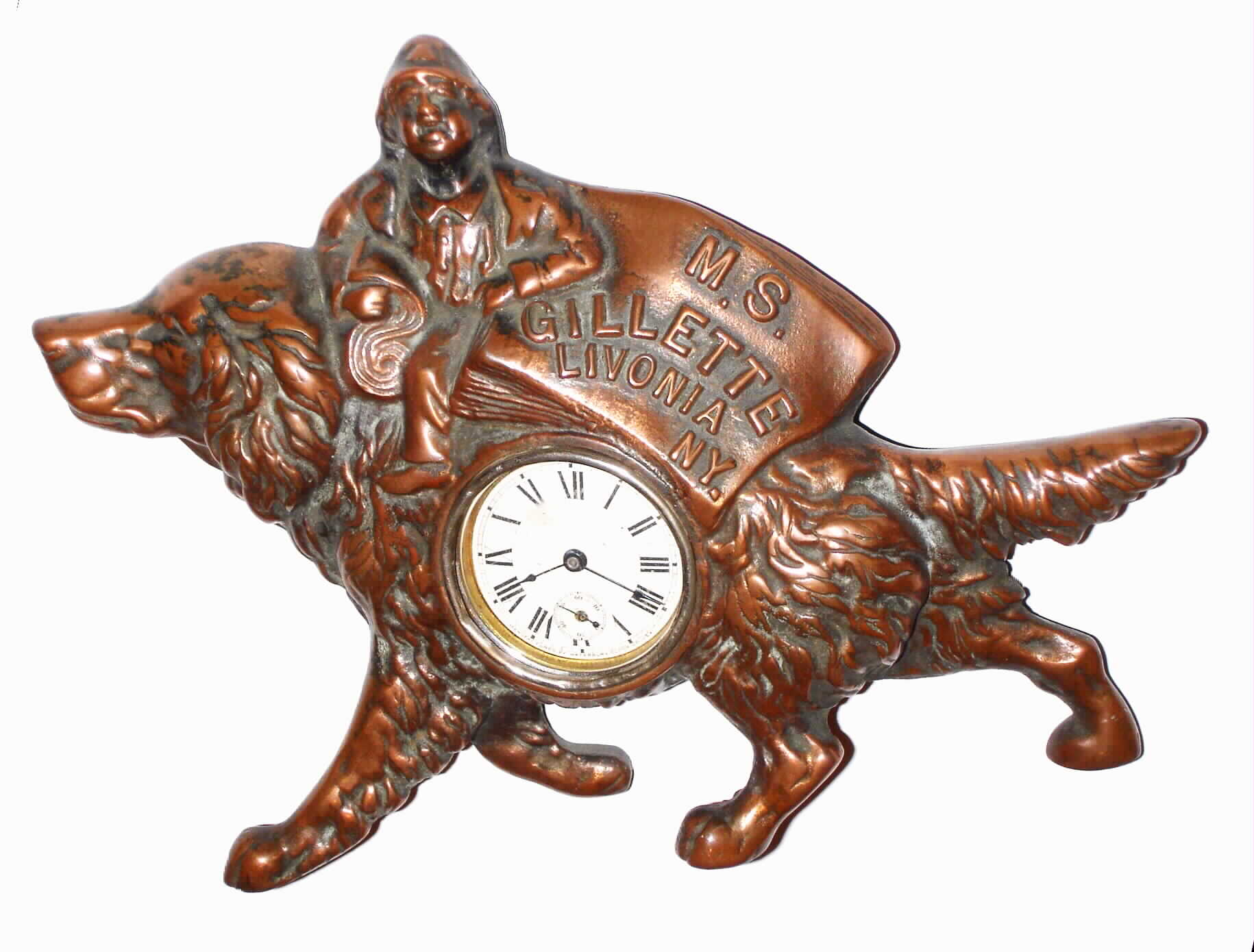 Waterbury Clock Co., Waterbury, Conn., M.S. Gillette Livonia, NY" cast metal 30 hour novelty time piece, c1910. — Antique Clocks Price Guide