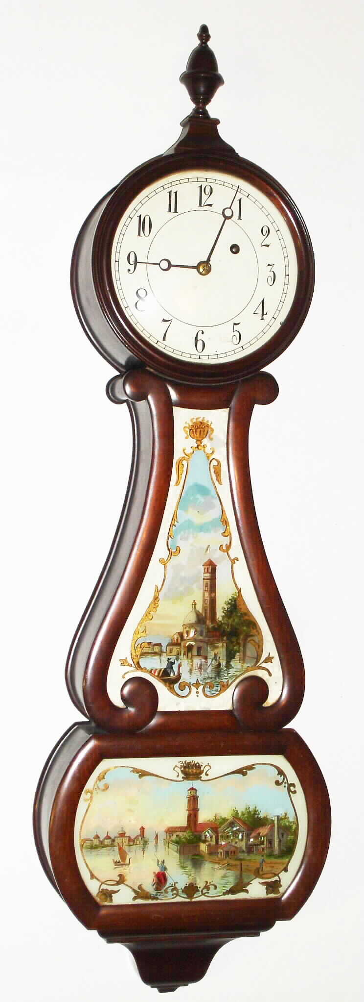 Harris and Harrington, New York, lyre banjo mahogany time piece, 8 day Chelsea weight driven movement 115614, 1918 — Antique Clocks Price Guide