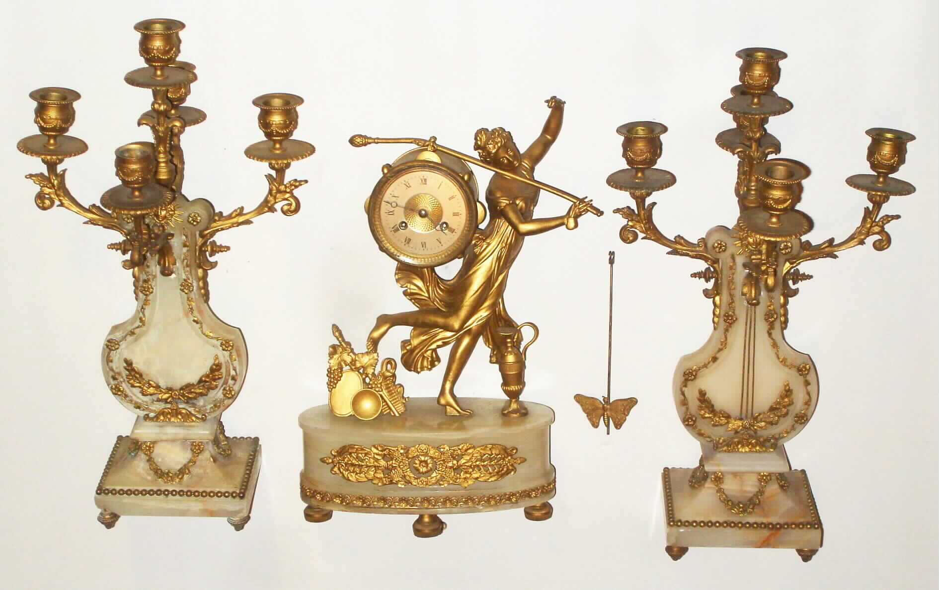 French alabaster and gilt brass 8 day, time and strike mantel garniture set, c1860 — Antique Clocks Price Guide