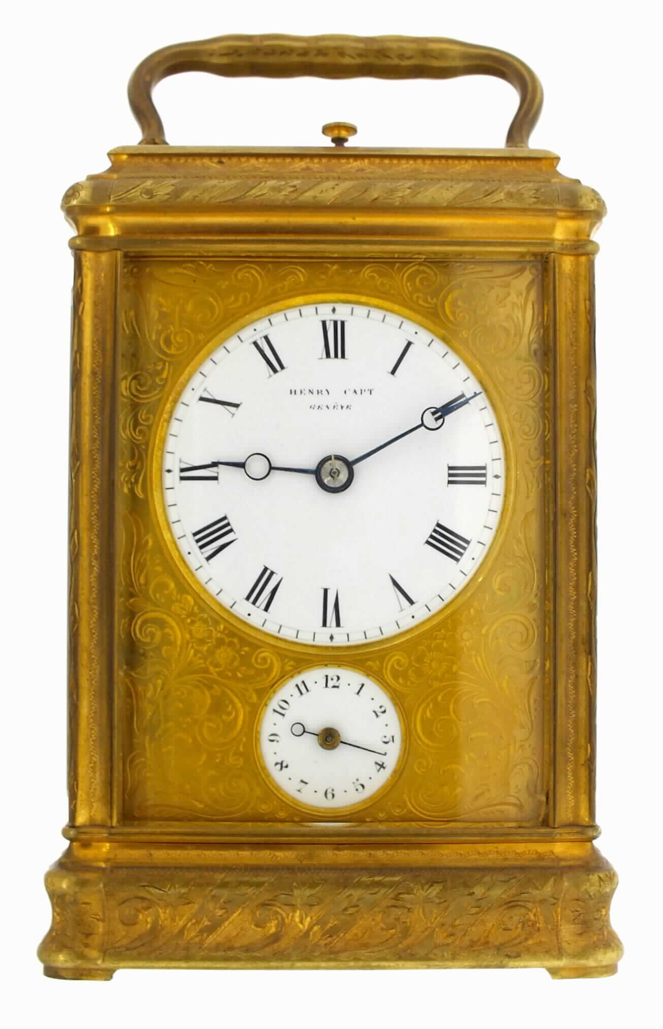 Henry Capt, Geneve, French carriage clock, in a gilt brass engraved Gorge case, spring powered eight day time, strike and alarm movement, with silvered lever platform escapement, striking the hours and half hours on a gong, repeating at will, engraved gilt brass dial mat, white enamel dials, Roman numeral time signed Henry Capt, Geneve, and Arabic alarm, blued steel hands, with leather covered travelling case, c1880 — Antique Clocks Price Guide