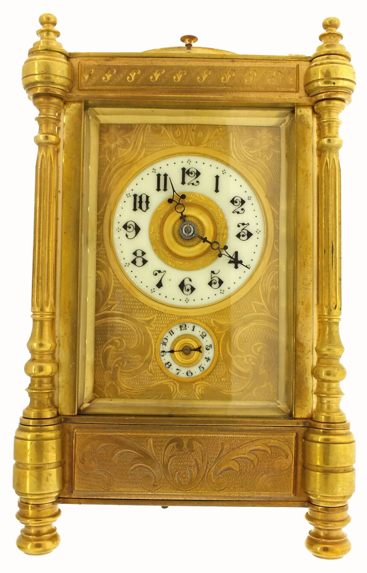 French carriage clock, large size, with grand petite sonnerie striking and alarm, repeating on demand, spring powered eight day movement with silvered lever platform escapement, strike and alarm on gongs, grand/ petite/ silence lever at bottom, polished brass columns style case with turned finials, feet and columns, fancy handle with similar turnings, engraved panels at top and base, rectangular beveled front, side, and back glasses, large round beveled glass in the top for viewing escapement, gilt dial mat with engraved decoration, white enamel dials with Arabic numerals, and blued steel hands. c1890 — Antique Clocks Price Guide
