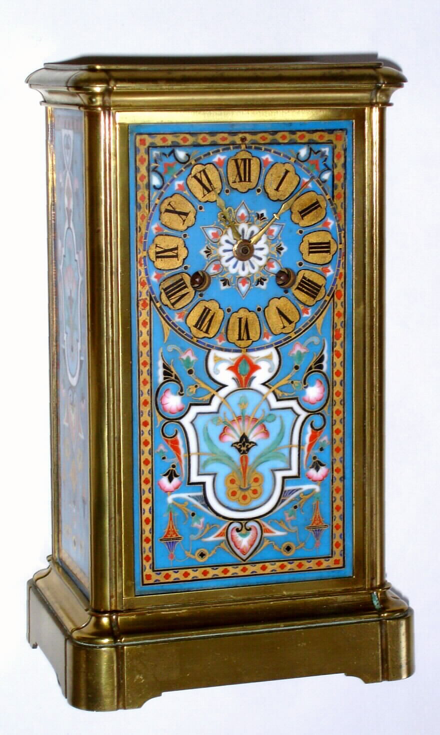 French, brass cased mantle regulator, with gorge style corners, and with 4 brightly colored enamel plaques, probably for the mid-eastern market, c1900 — Antique Clocks Price Guide