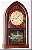 Forestville Manufacturing Co., J.C. Brown, Bristol, Conn., "Miniature Beehive" mantel clock, 30 hour, time and strike, spring driven movement in a mahogany veneer case with silk screen lower tablet and painted metal dial; tablet of Hartford, CT state house (still standing),  c1850