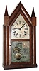 J.C. Brown, Forestville, Conn., "Steeple" mantel clock, 8 day, time and strike, spring driven movement in a mahogany veneer case with silk screen lower tablet and painted metal dial, manufactured for the Canadian market bearing an overpasted label by "J.W. MILLER TORONTO", c1845