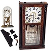 Clocks- 2 (Two): Elisha Hotchkiss, Burlington Conn., 30 hour wooden works half-column and splat shelf clock, c1832; Forestville Clock Co. German 400-day time piece, 20th century