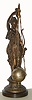 French conical pendulum clock, the spherical clock suspended on chains, held aloft by a patinated spelter statue of Diana, the figure resting on a decorative cast plinth, attached to a turned wooden base, eight day spring driven time only movement, case with silvered finish, applied gilt brass Roman numerals, fancy gilt hands, lions head mounts for chains, arrow form crutch at top of sphere, gilt brass suspension with four steel springs, c1890