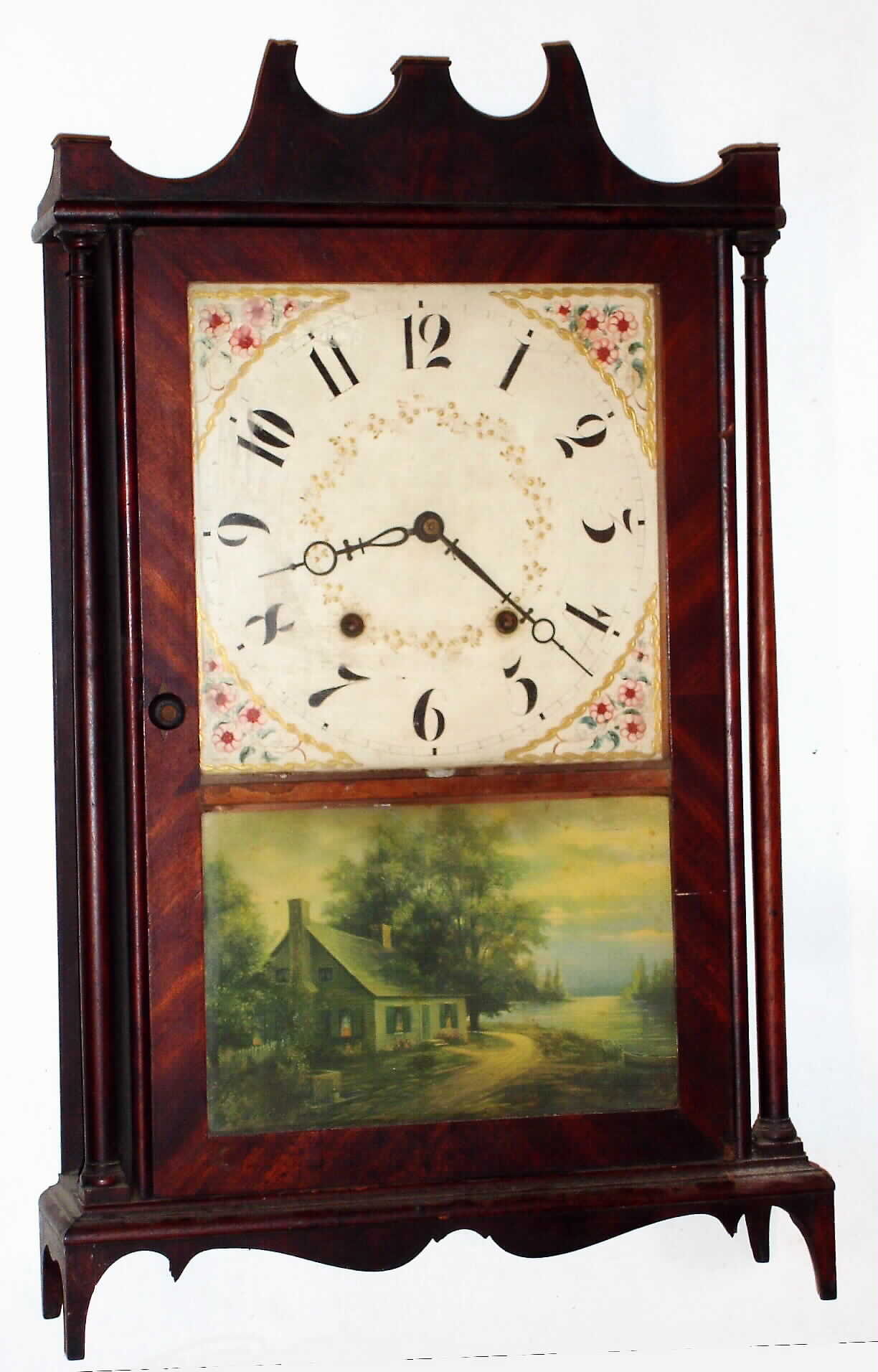 E. Terry and Sons, Plymouth, Conn., 30 hour time and strike wood movement pillar and scroll shelf clock.  Very late example by this firm with late P&S dial (minute markers outside chapter).   c1832 — Antique Clocks Price Guide