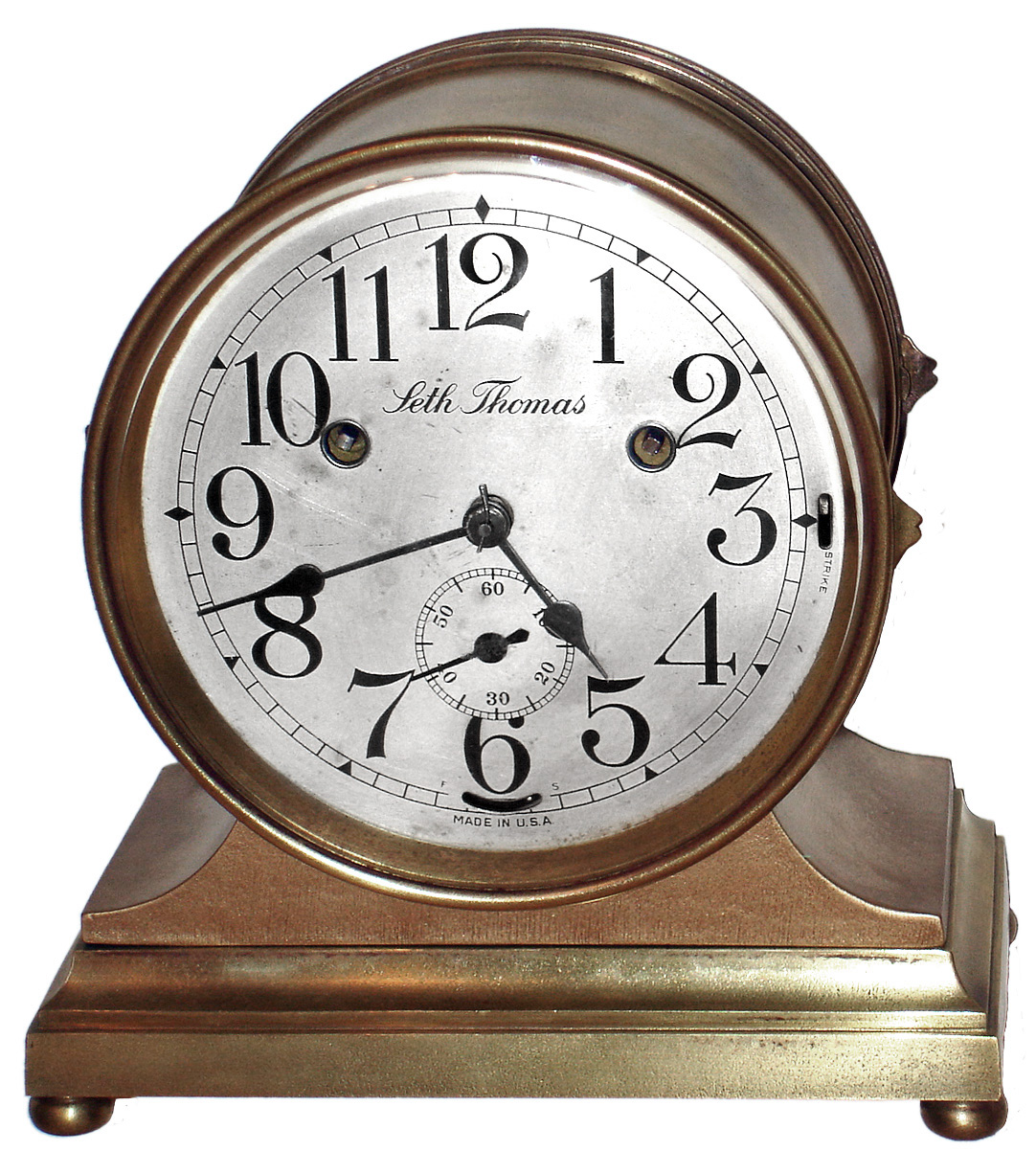 Seth Thomas Clock Co., Thomaston, Conn., "Harbor", 30 hour, ship's bells brass mantel clock, c1935 — Antique Clocks Price Guide