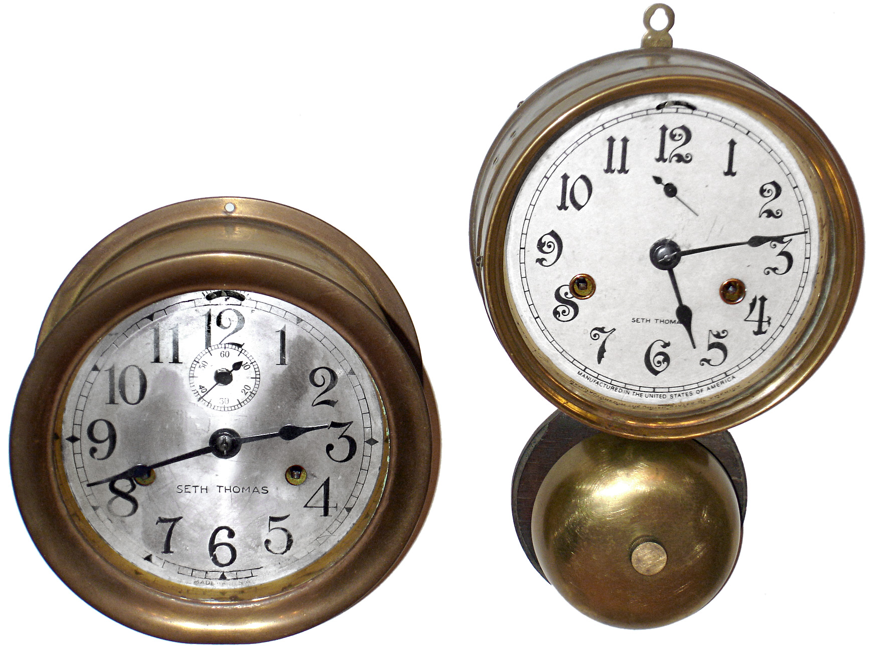 Clocks- 2 (Two) Seth Thomas brass 30 hour ship's bells hanging clocks: "Merrimac" and "Ship's Bell Lever";  c1935 and  1900 — Antique Clocks Price Guide