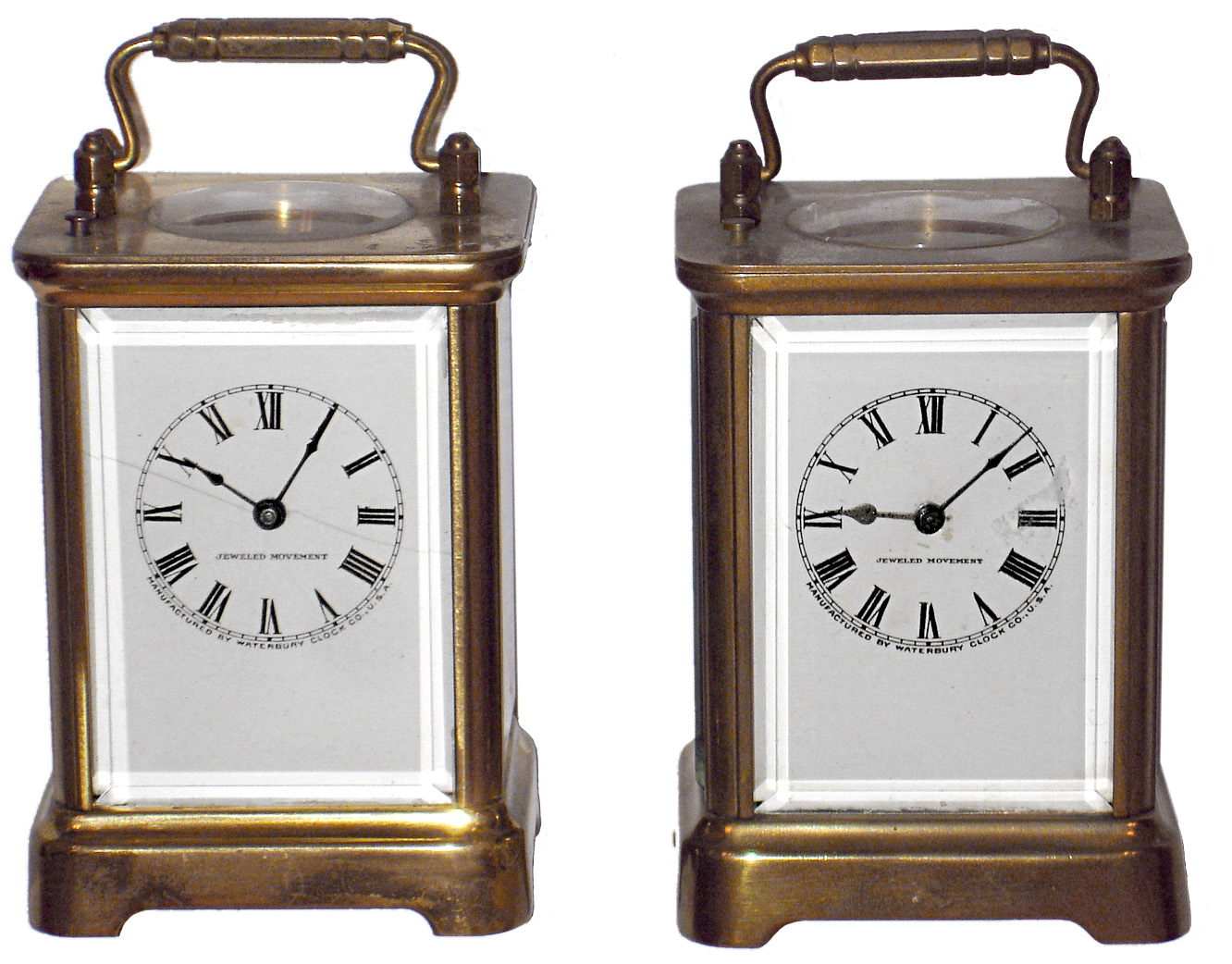Clocks- 2 (Two) Waterbury Clock Co. "Sage" 8 day brass and glass repeating carriage clocks, c1906 — Antique Clocks Price Guide