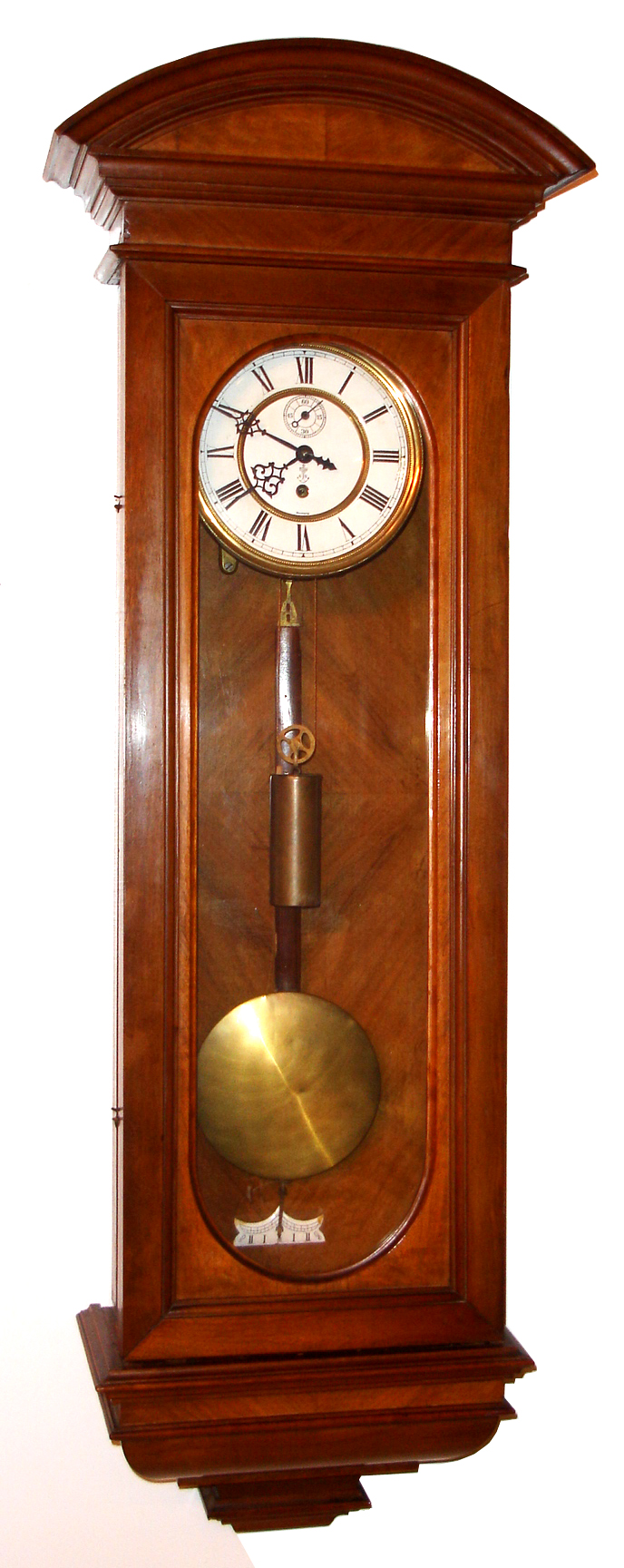Gustav Becker, Freiburg, Germany, Vienna Regulator wall clock, 8 day, time only. weight driven movement in a walnut veneer case with two part white enamel dial and second's bit, c1925 s#2007721 — Antique Clocks Price Guide