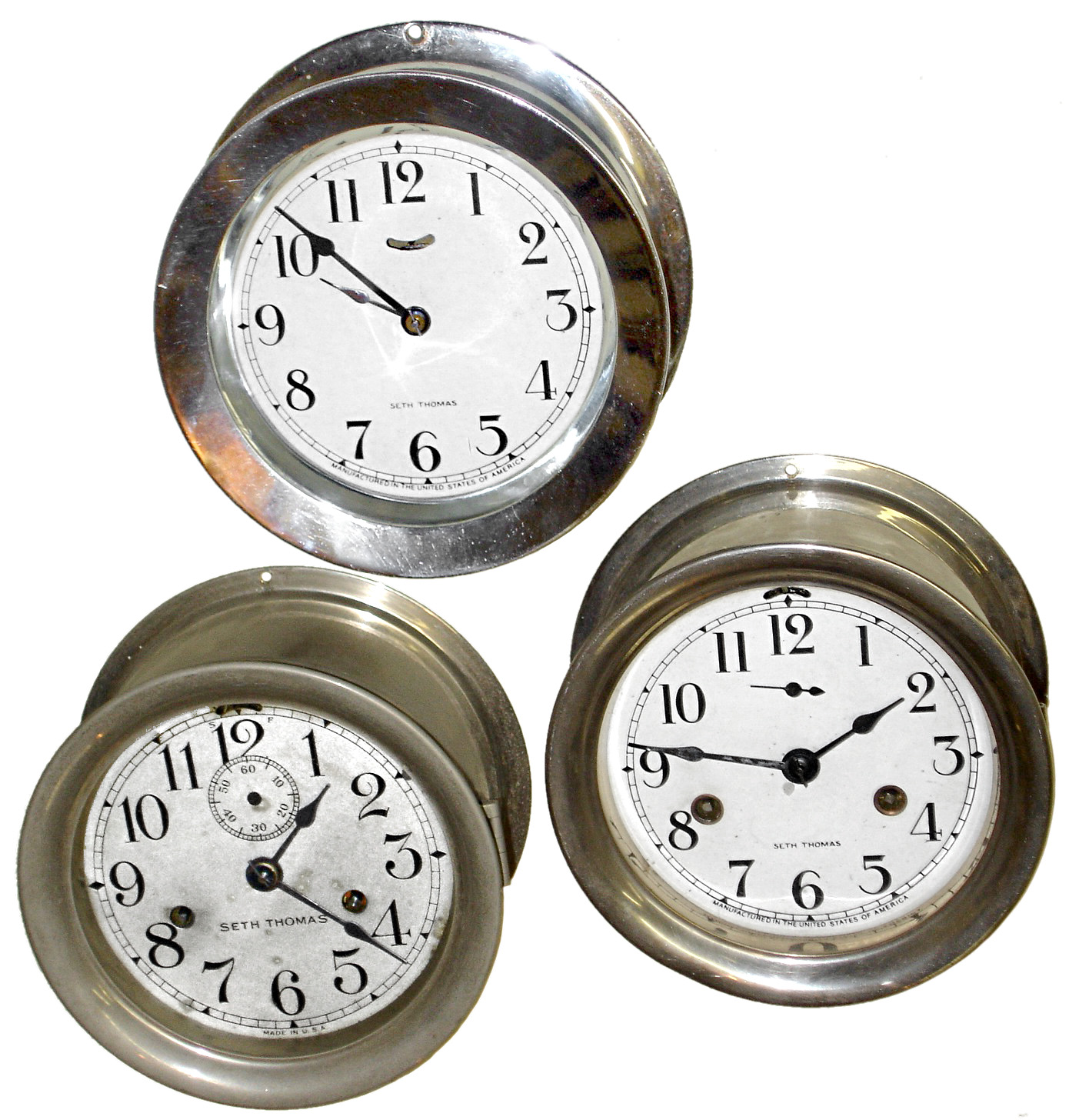 Clocks- 3 (Three) Seth Thomas 30 hour nickel-plate 5" dial marine clocks: 2 ship's strike; 1 timepiece with winding through side of case; early 20th century. — Antique Clocks Price Guide