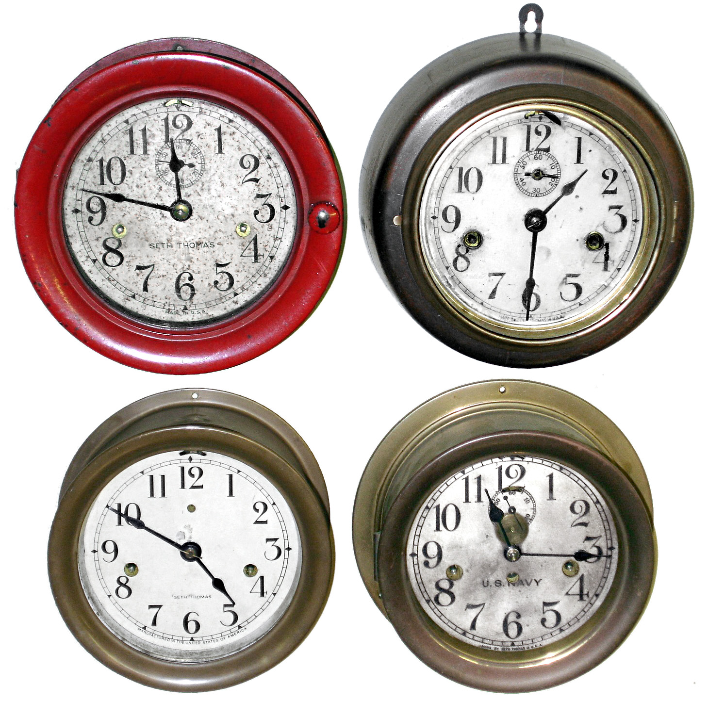 Clocks- 4 (Four) Seth Thomas round 8 day 5" dial hinged-bezel marine timepieces: 2 brass cases; one wood; one phenolic painted red; early 20th century — Antique Clocks Price Guide