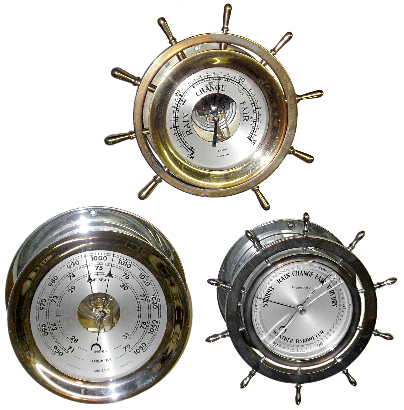 Barometers- 3 (Three) marine metal case aneroid instruments: Chelsea; Waterbury "Barometer No. 10"; and Salem; 20th century — Antique Clocks Price Guide